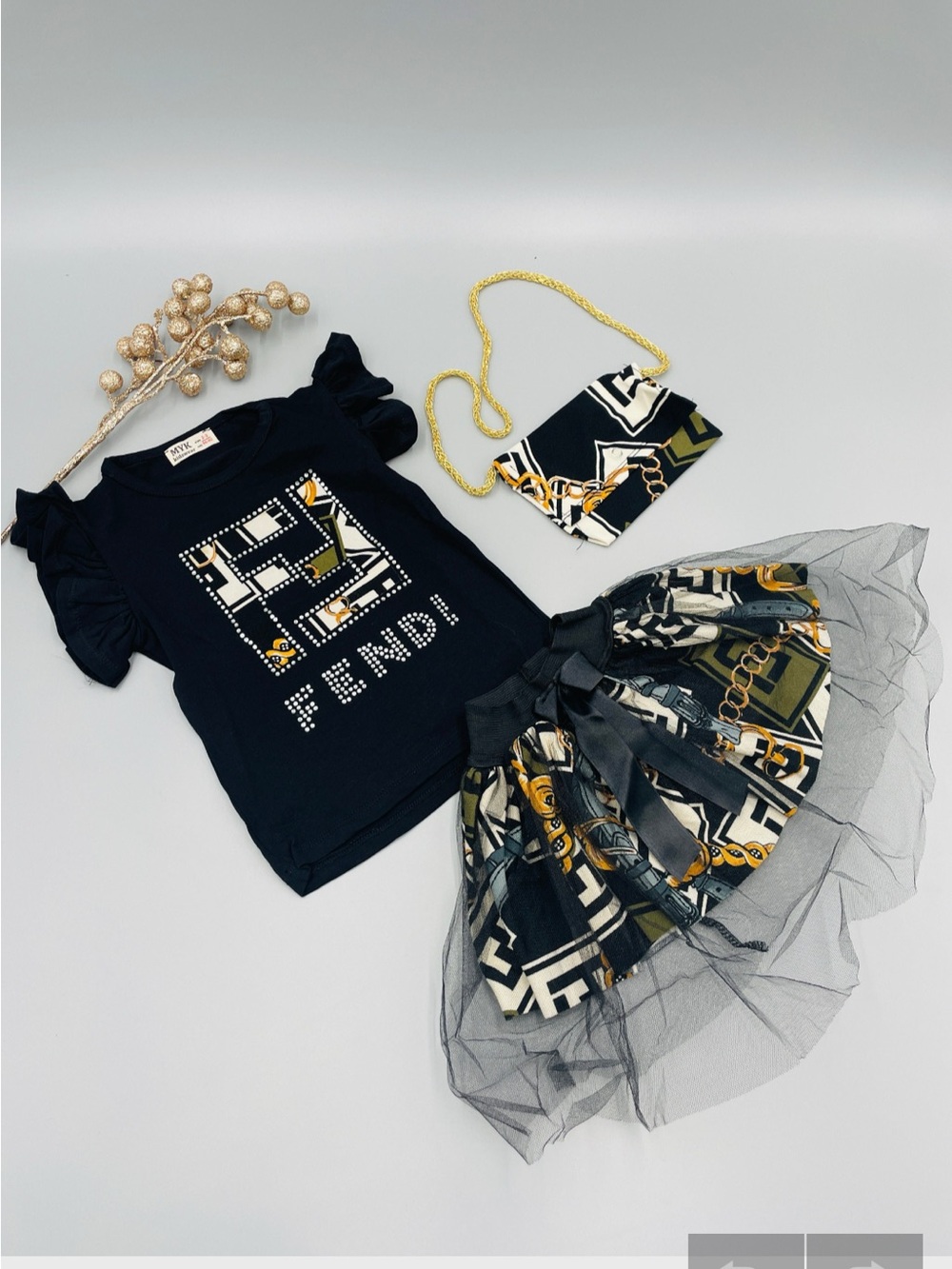 Fendi Black Graphic Tee with Patterned Tulle Skirt & Chain Purse